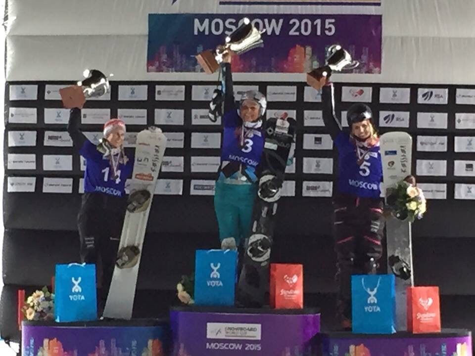 Das Podest des Weltcup Parallel Slalom in Moskau im März 2015.